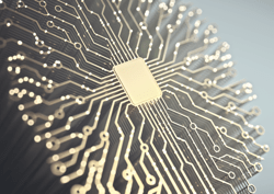Artificial intelligence. Microchip and brain shaped connections. Electric pulses, binary codes, brain activity. 3D illustration.